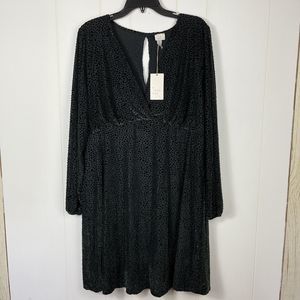 NWT A New Day Women Dress Velvet XXL Green Swiss Dot Spots Long Sleeve Faux Wrap